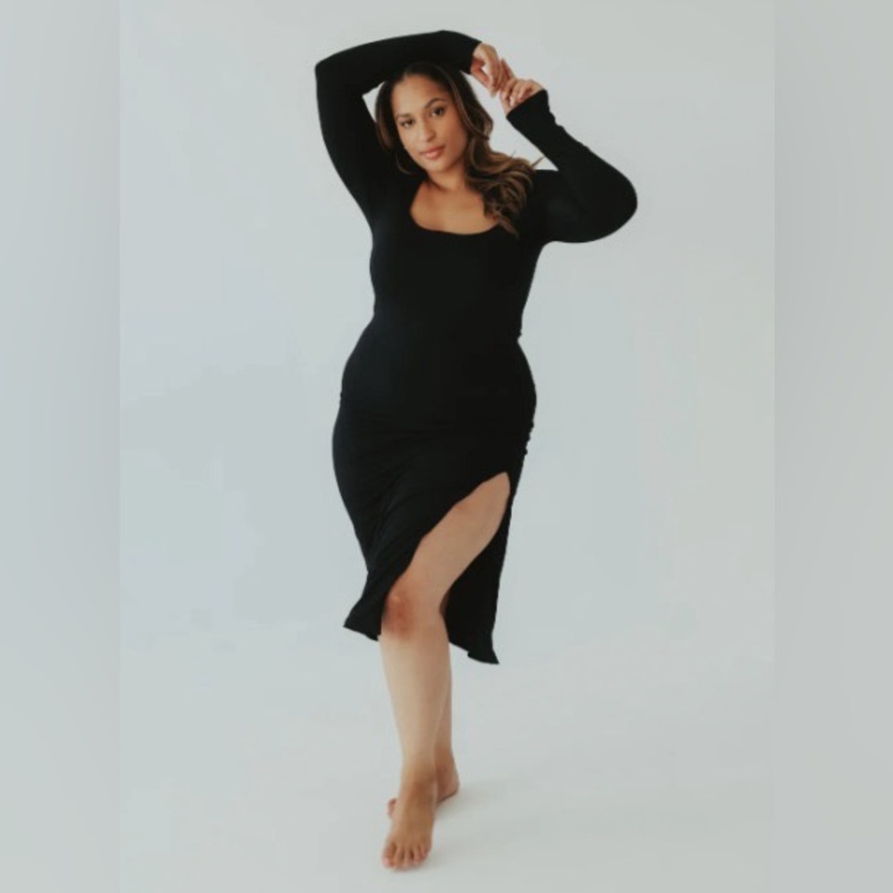Klassy Network - Black Square Neck Midi Dress w/ Built in Bra